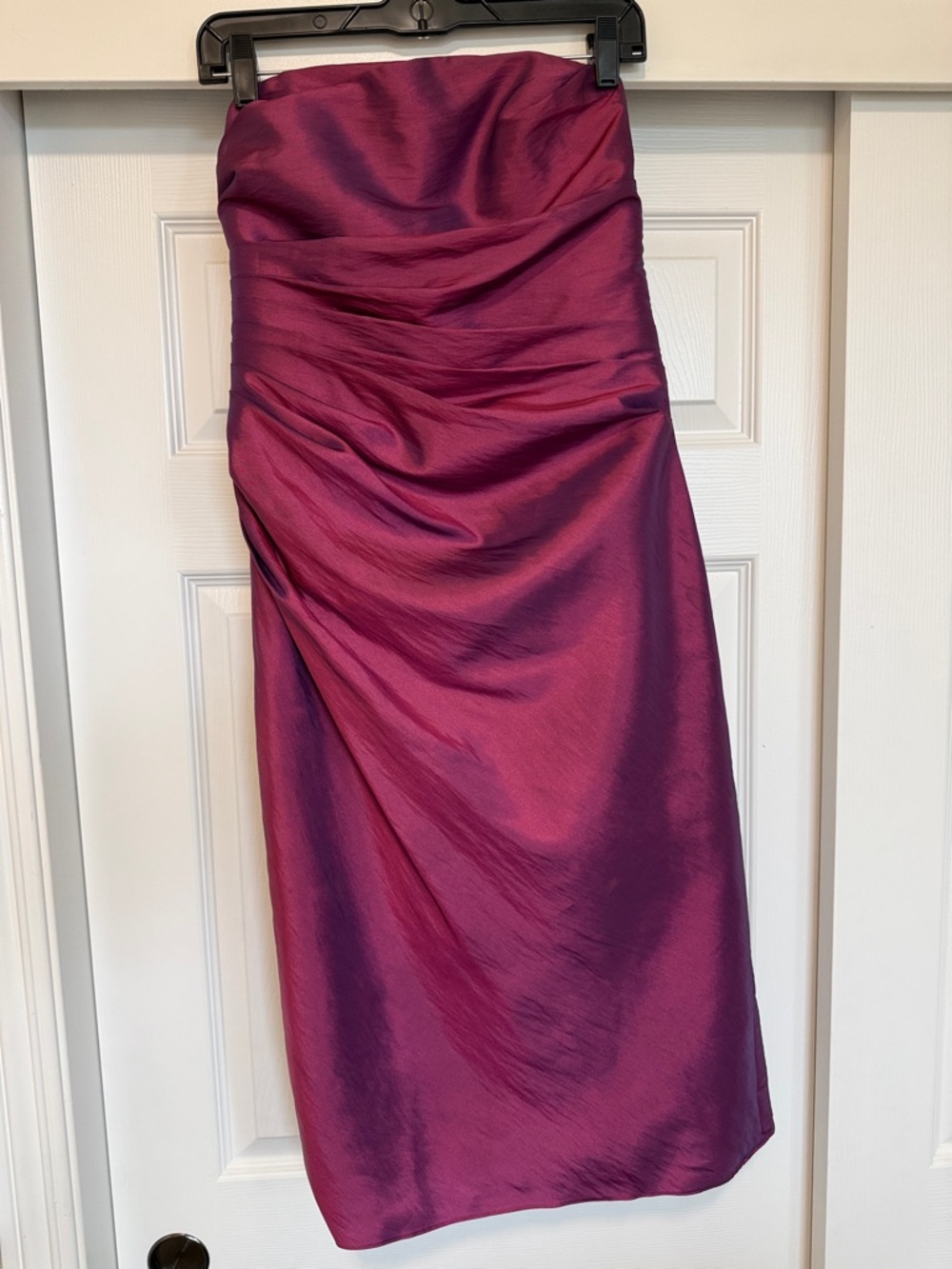 Strapless Ruched Satin Dress in Deep Magenta
